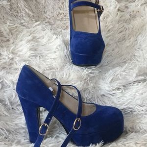 Blue velvet platform heels